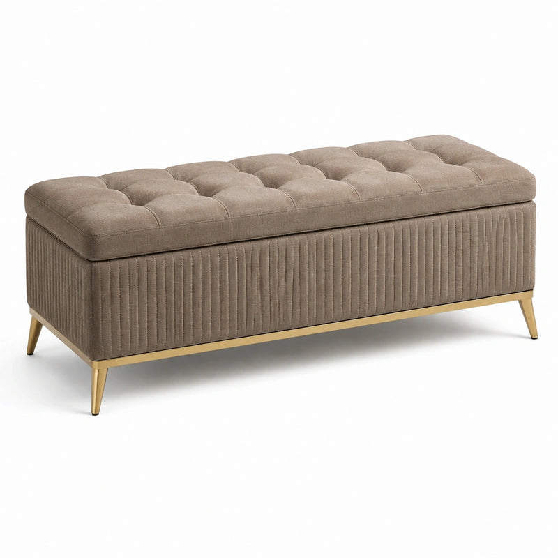 Banc coffre 120 x 45 x 48 cm en tissu taupe avec pieds métalliques dorés style contemporain