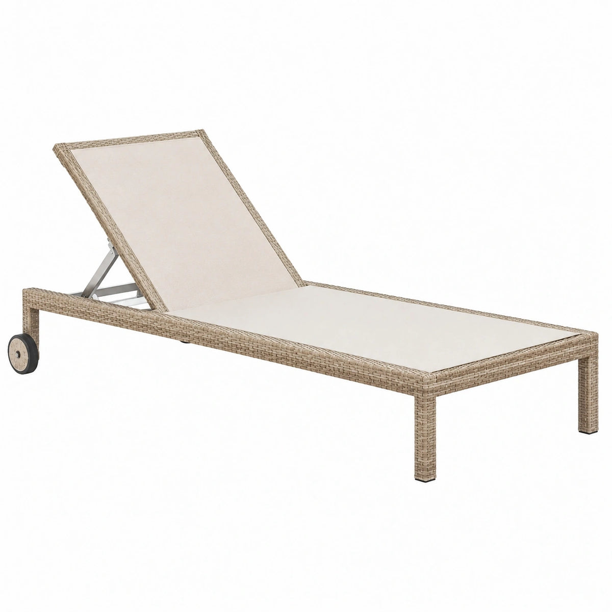 Bain de soleil 200 x 65 cm en résine tressée beige dossier réglable à roulettes
