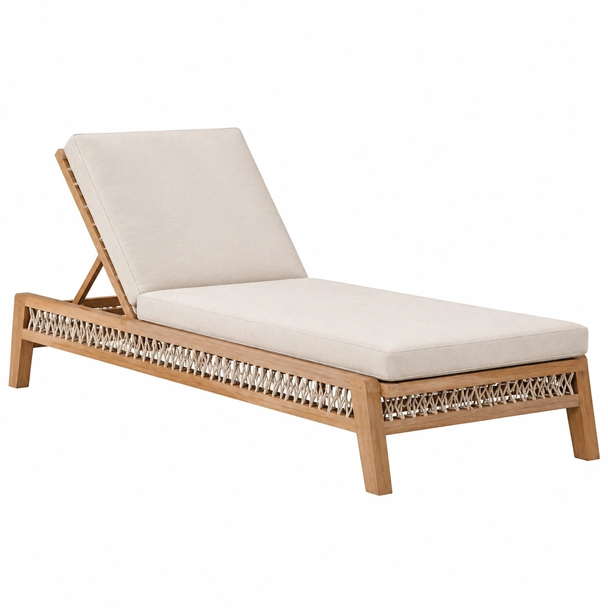 Chaise longue 200 x 70 cm en bois naturel et corde tressée beige à dossier réglable pour extérieur