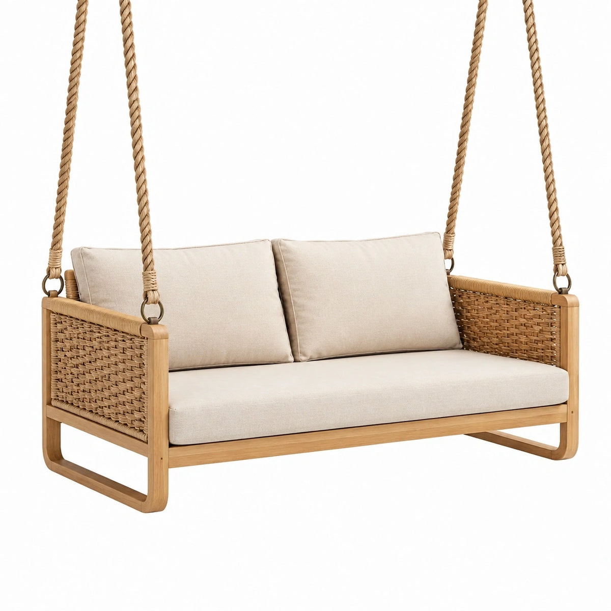 Balançoire de jardin 2 places 140 x 75 x 180 cm en bois et rotin beige style naturel suspendu