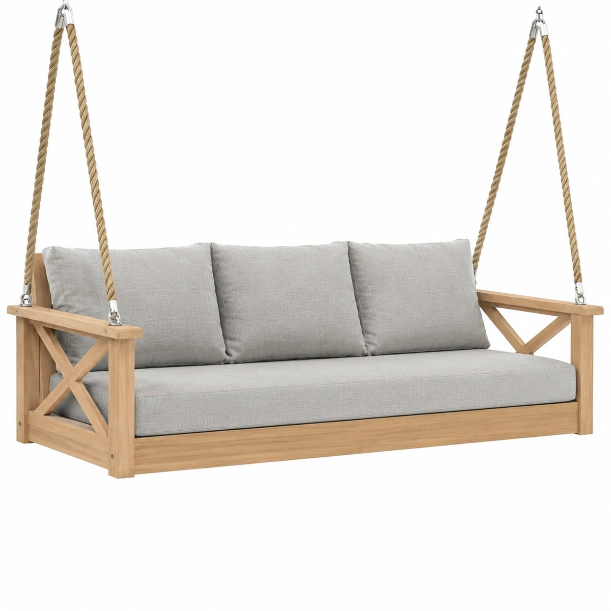 Balancelle canapé suspendue 200 x 80 x 70 cm en bois naturel beige et tissu gris pour extérieur style rustique
