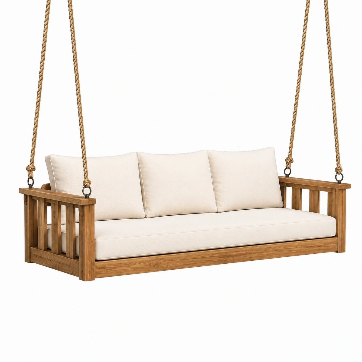 Balancelle de jardin 180 x 75 x 65 cm en bois naturel et tissu écru suspendue 3 places