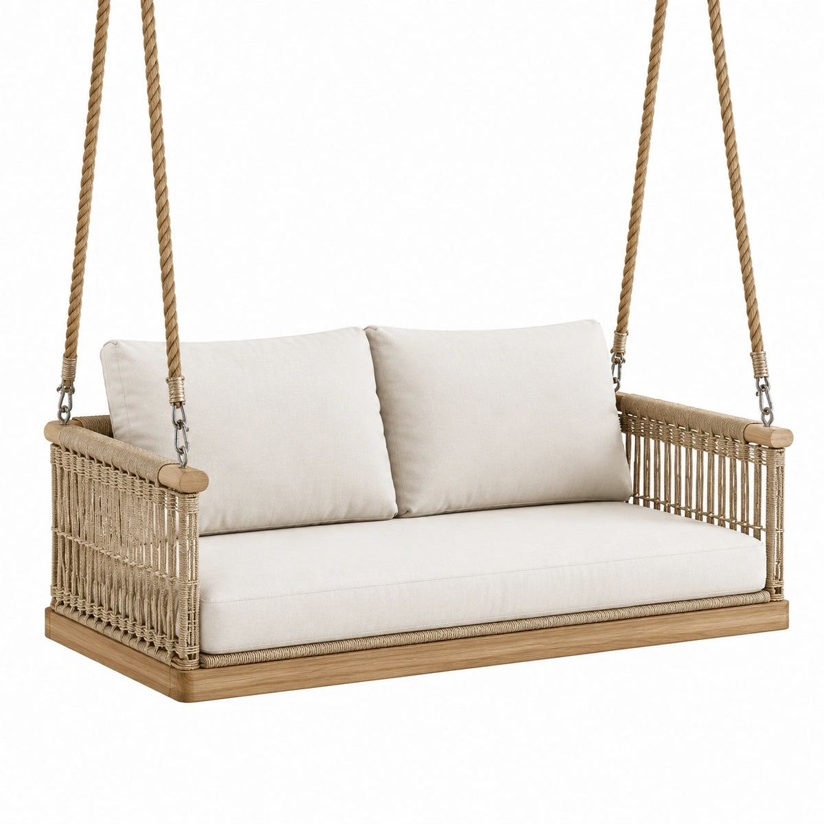 Balancelle suspendue 130 x 70 x 55 cm en bois et corde beige style bohème pour terrasse