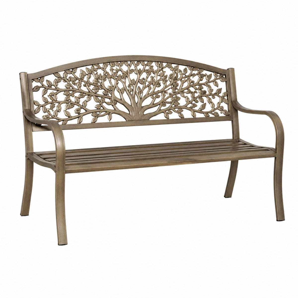 Banc de jardin 122 cm en métal bronze à motif arbre pour extérieur