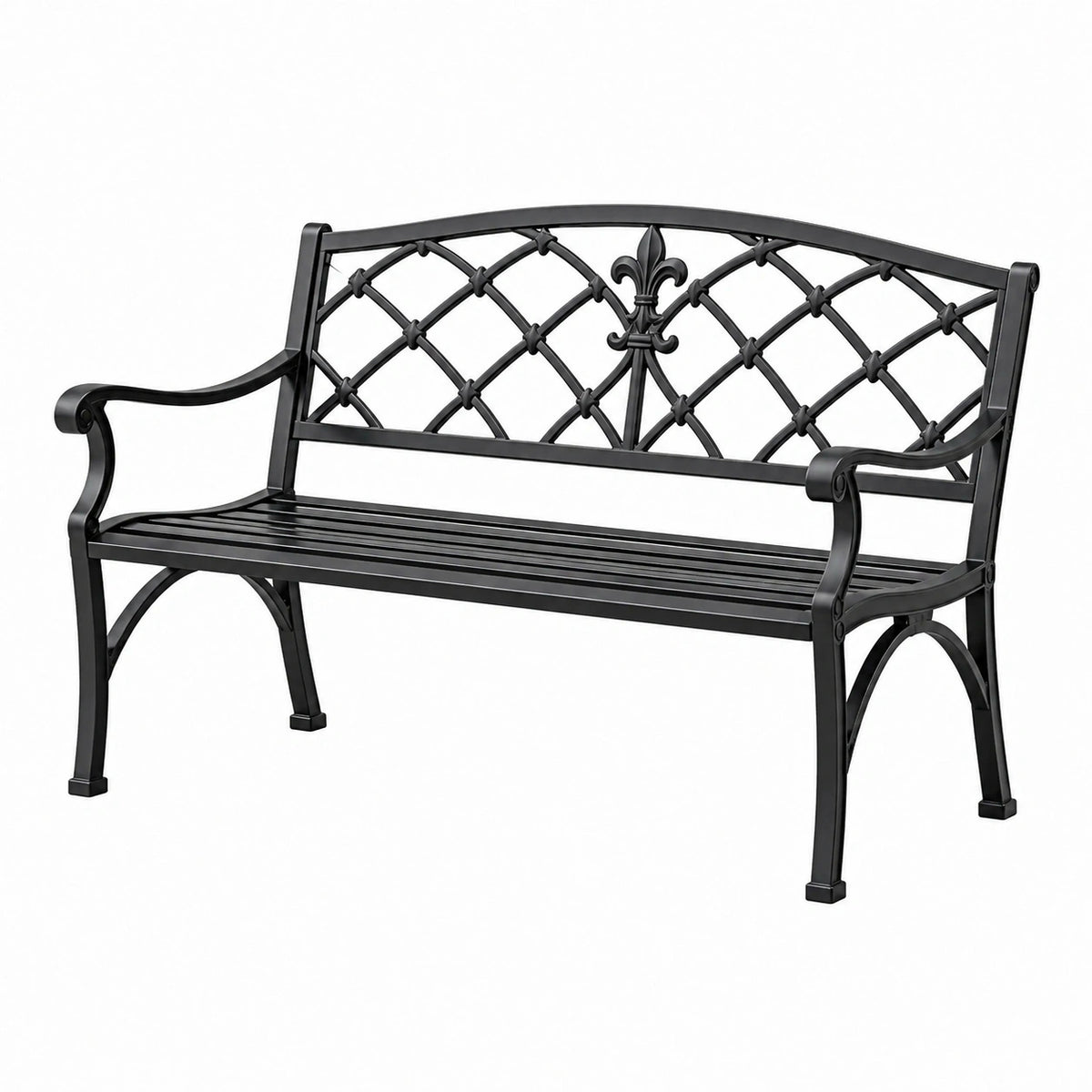 Banc de jardin 127 cm en métal noir à dossier ajouré style classique