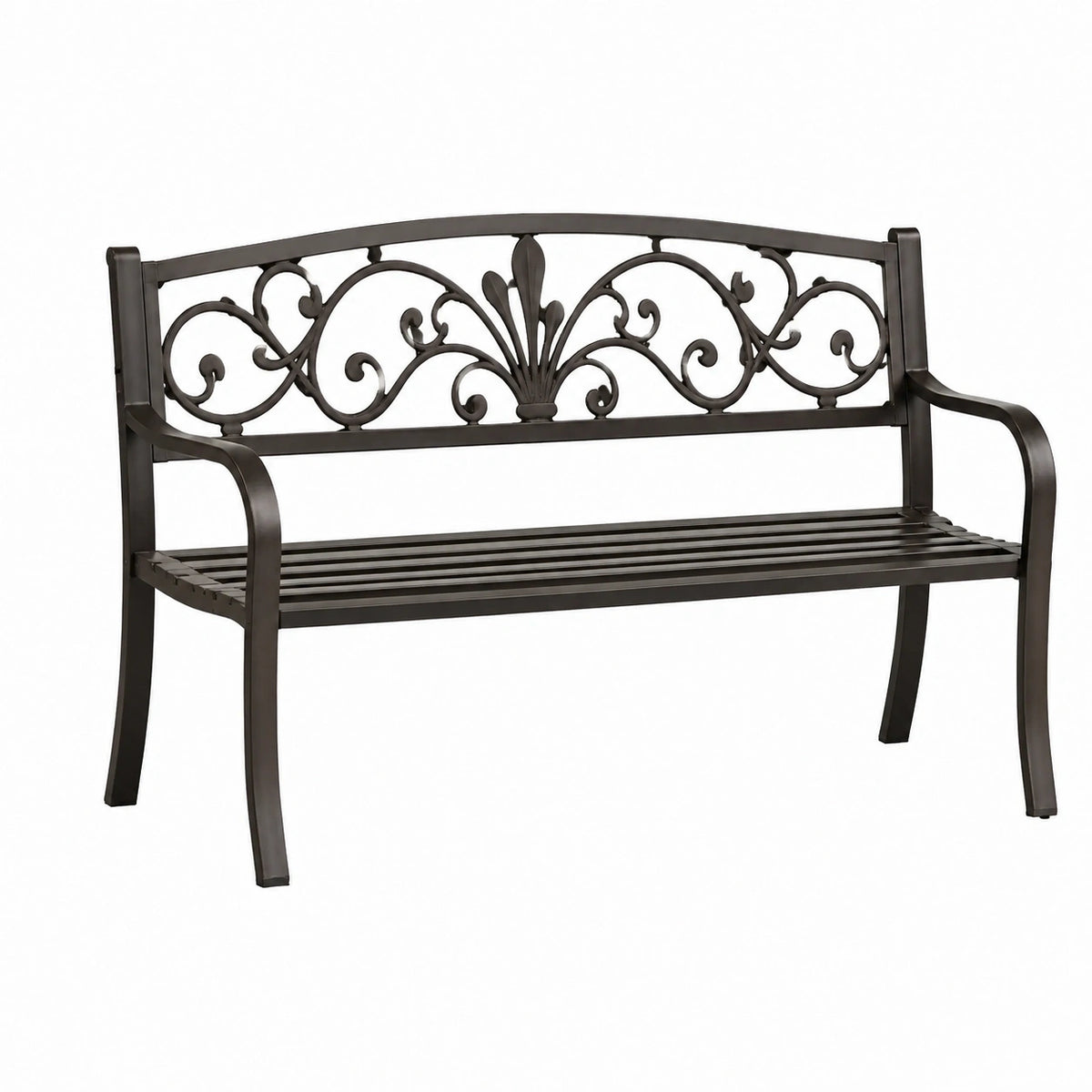 Banc de jardin 127 cm en métal noir style classique à dossier décoratif