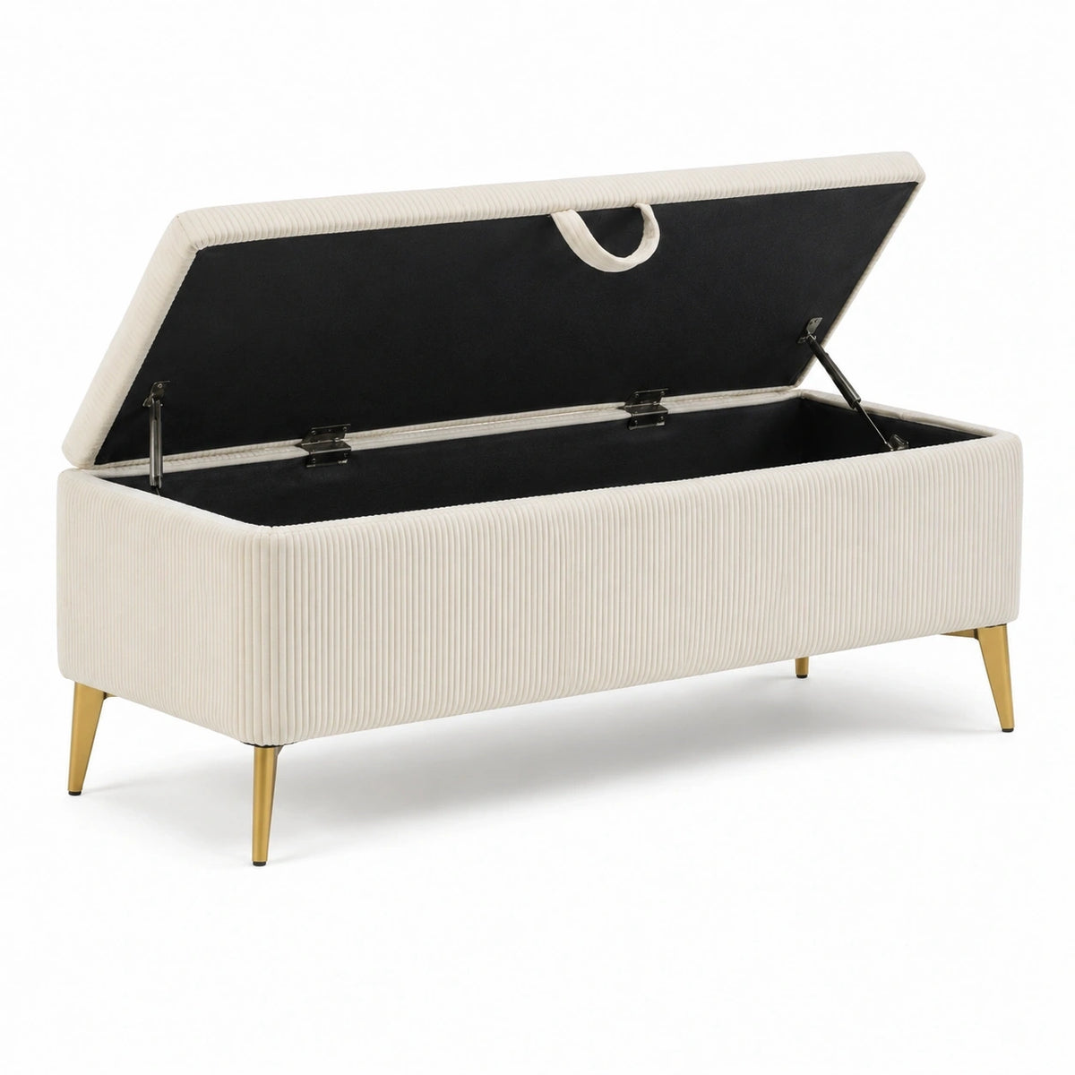 Banc coffre de rangement 100 x 40 x 45 cm en tissu côtelé crème avec pieds métalliques dorés