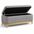 Banc coffre 120 cm en tissu gris avec piètement métallique doré - rangement capitonné