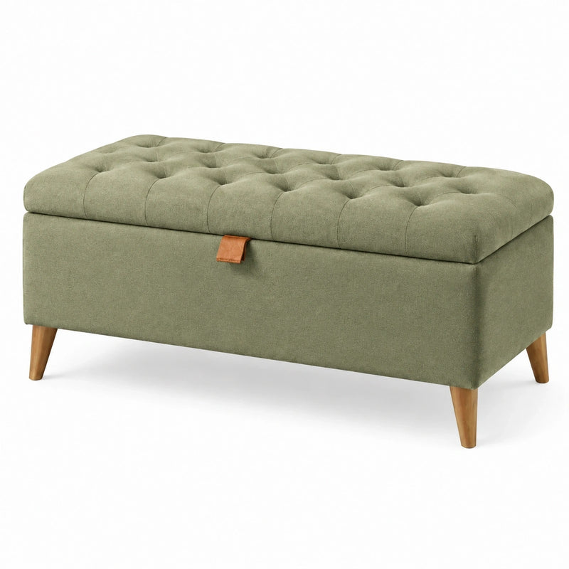 Banc coffre de rangement 100 x 45 x 48 cm en tissu vert kaki capitonné avec pieds en bois