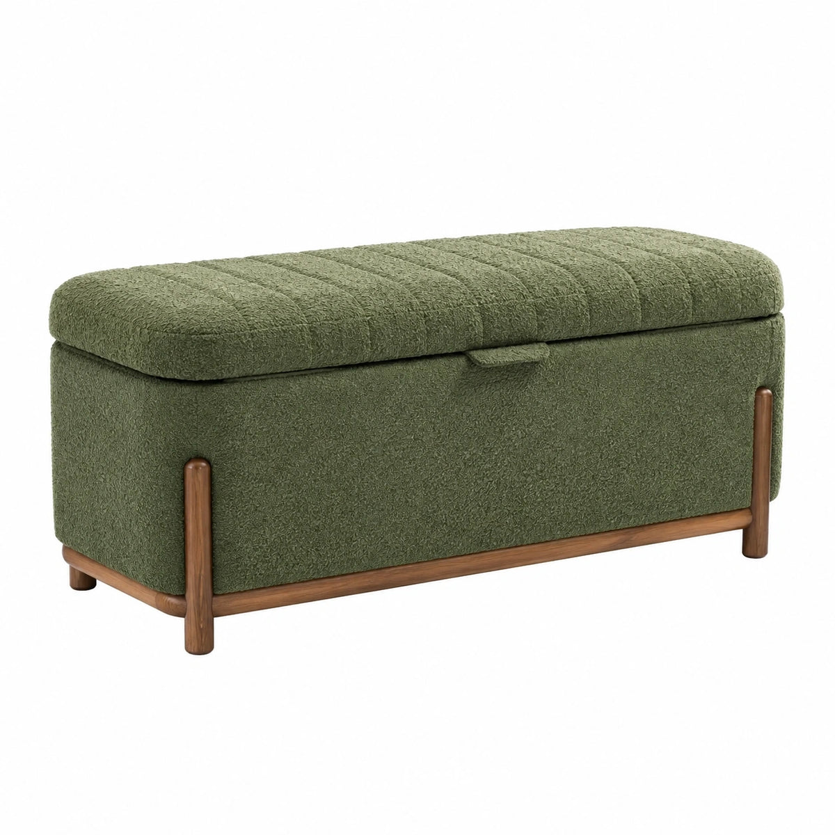 Banc coffre 120 cm en tissu bouclette vert avec structure en bois